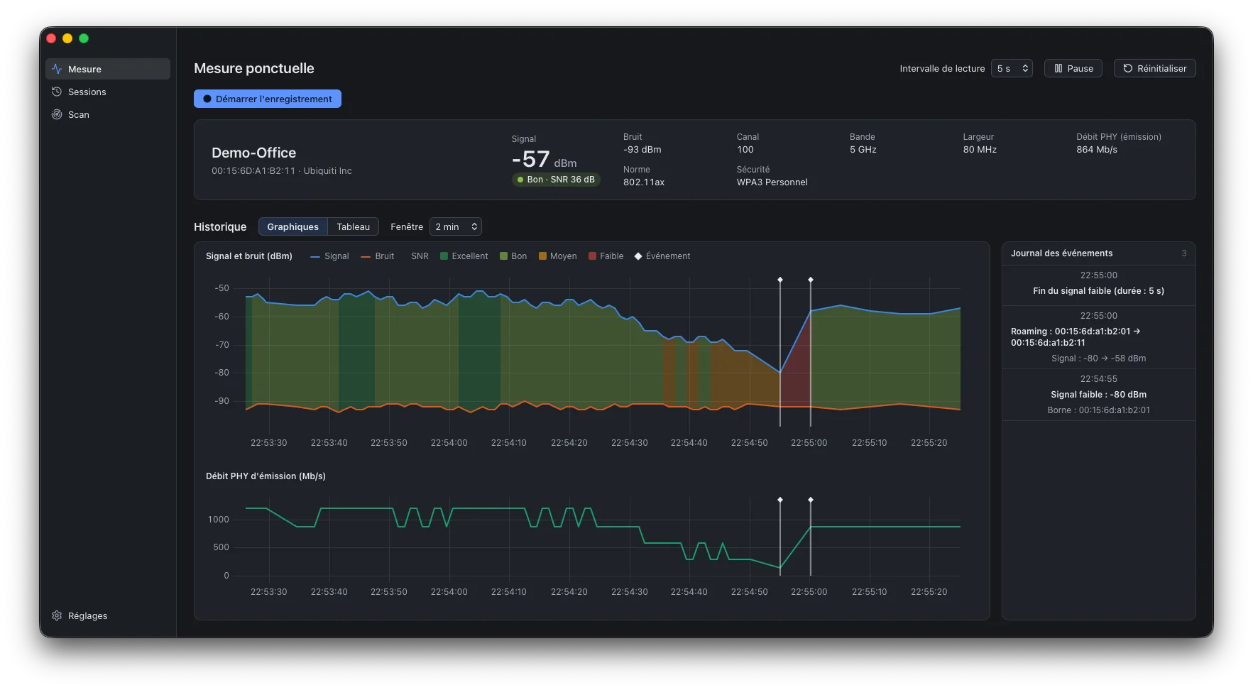 Edrya mesure une connexion Wi-Fi sur Mac : signal, bruit et SNR, avec roaming et signal faible